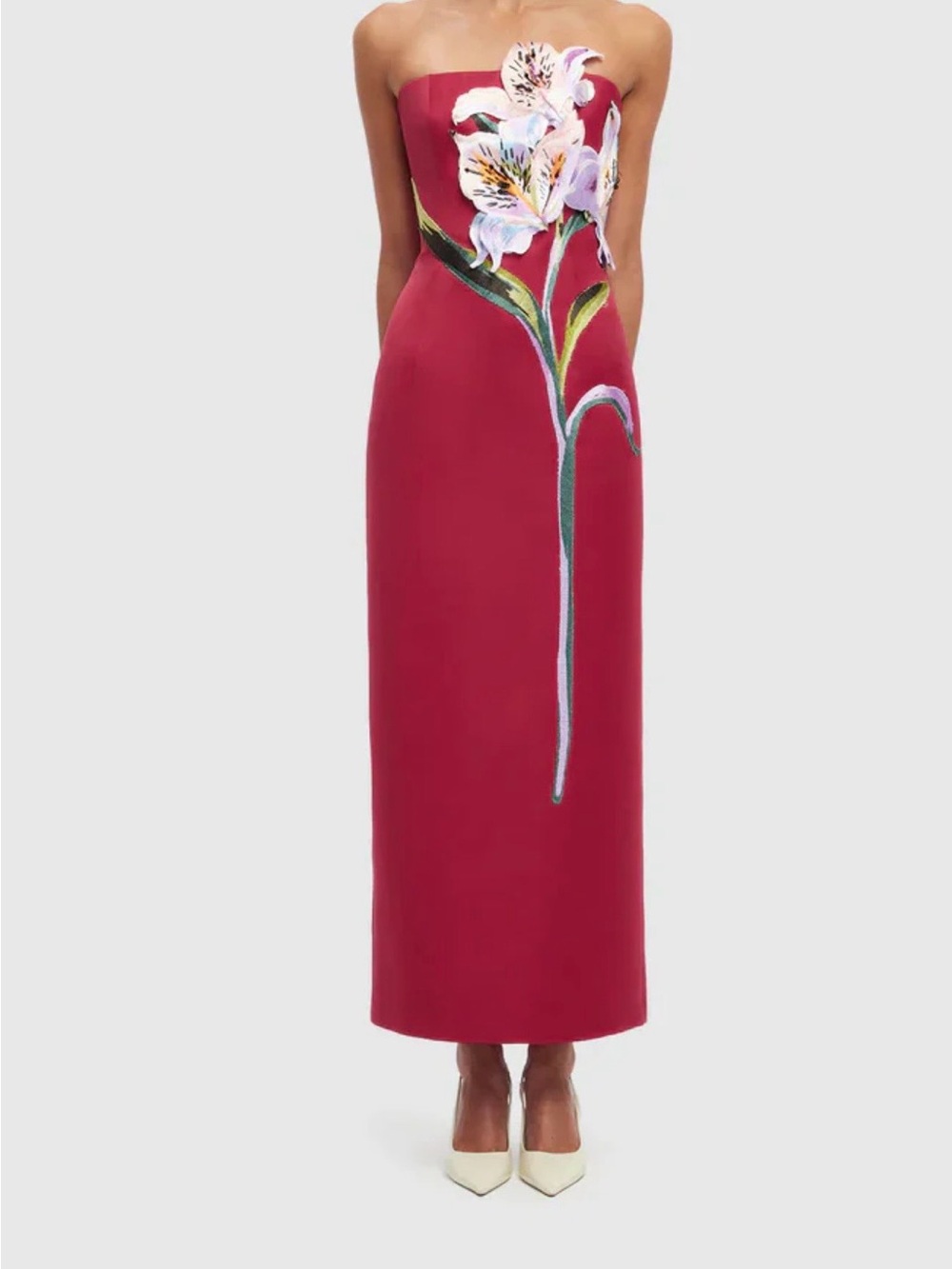 Leo Lin Strapless Burgundy Floral-Applique Midi Dress